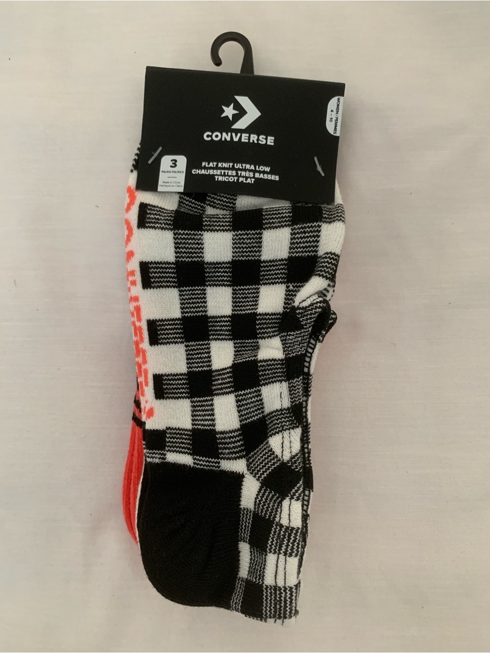 Converse No Show Liner Socks 3 Pack Black Coral Gingham NWT